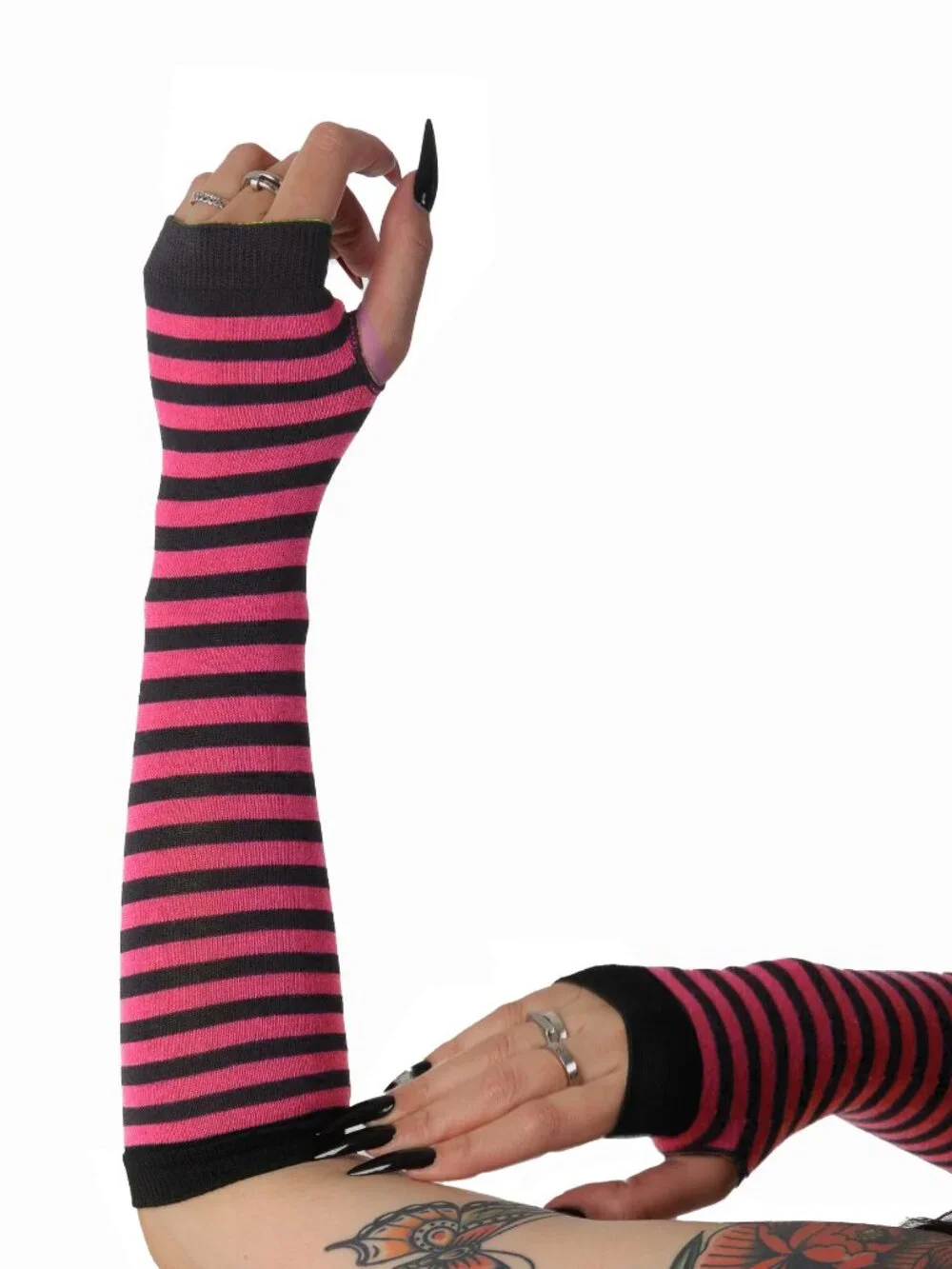 Bright Pink & Black Striped Fingerless Gloves for Women